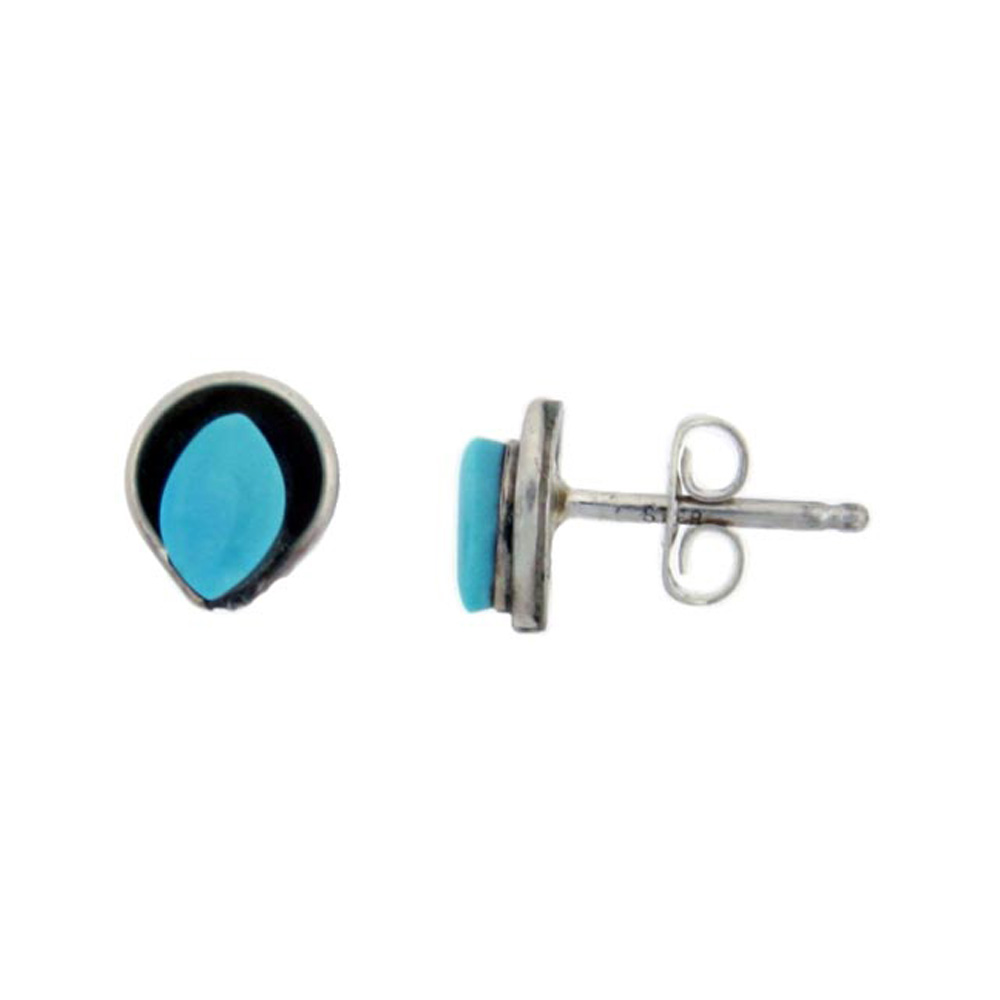 STERLING SILVER HANDCRAFTED BLUE TURQUOISE OVAL STUD EARRINGS (GENUINE ZUNI TRIBE AMERICAN INDIAN JEWELRY) 1/4 IN. (7 MM)