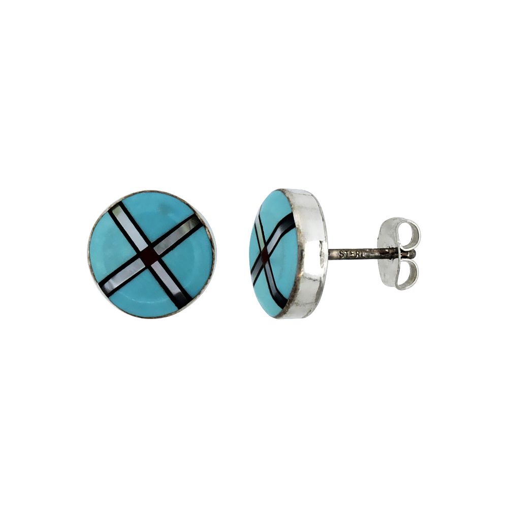 STERLING SILVER HANDCRAFTED BLUE TURQUOISE ROUND STUD EARRINGS (GENUINE ZUNI TRIBE AMERICAN INDIAN JEWELRY) 3/8 IN. (10 MM)