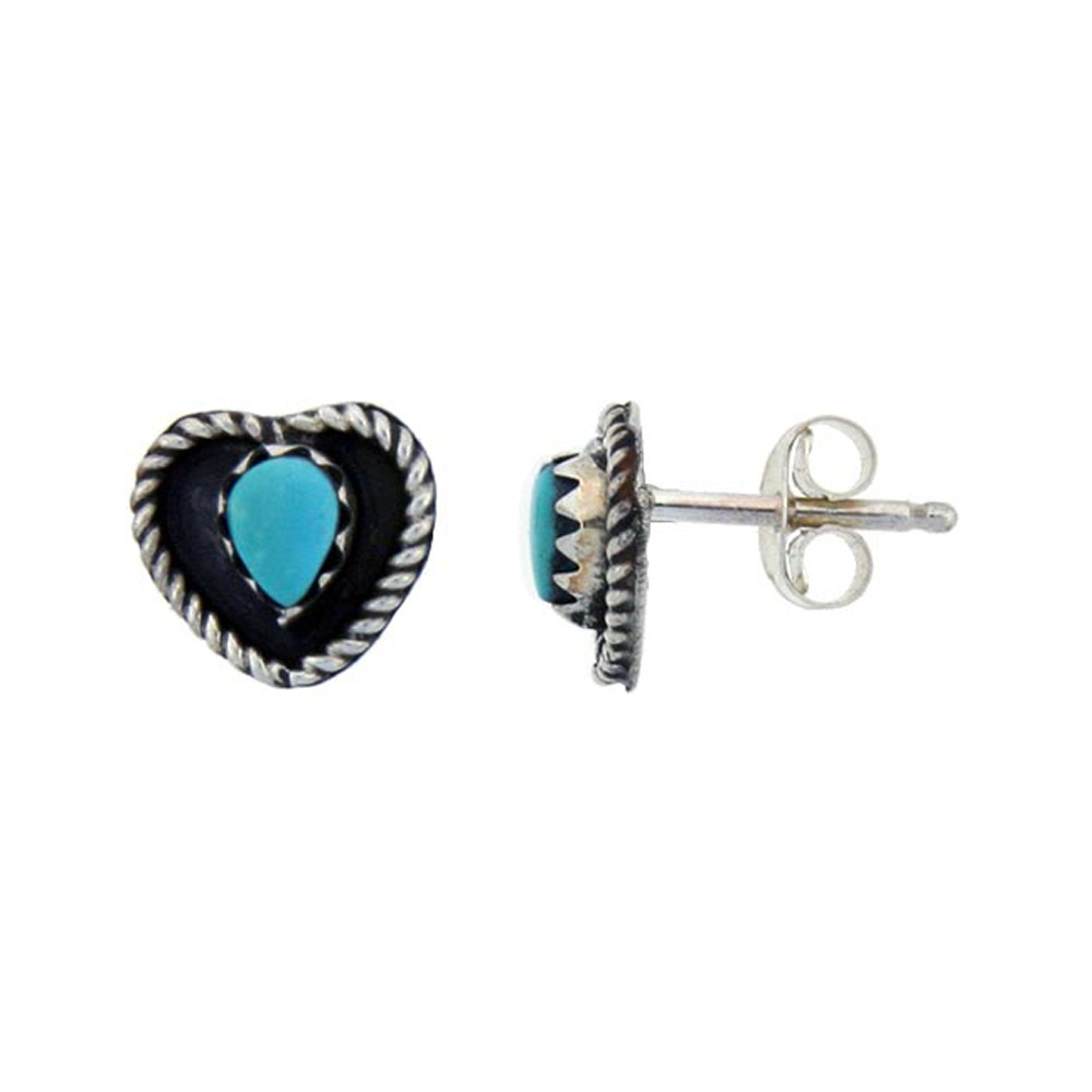 STERLING SILVER HANDCRAFTED BLUE TURQUOISE STUD EARRINGS (GENUINE ZUNI TRIBE AMERICAN INDIAN JEWELRY) 1 IN. (25 MM)