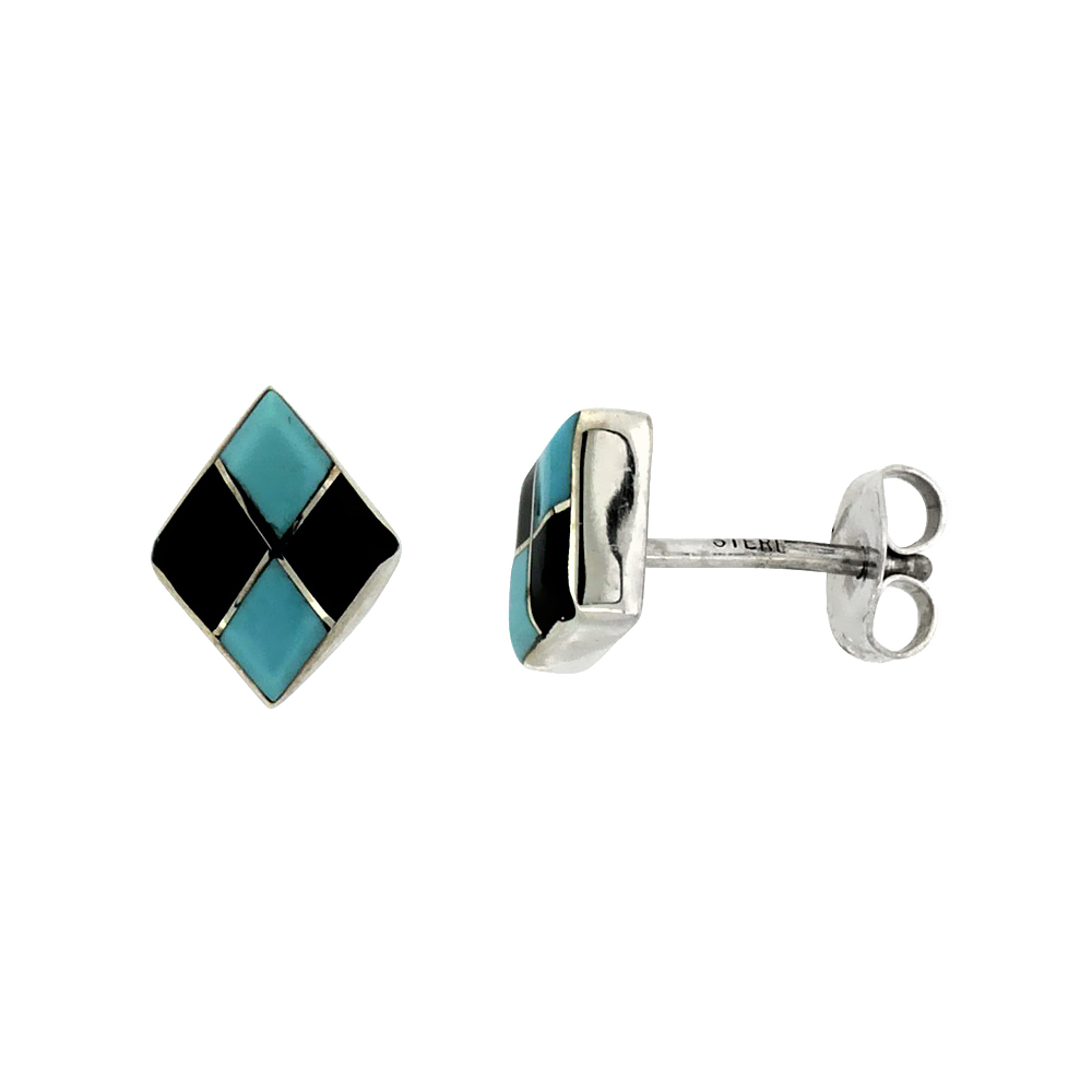 STERLING SILVER HANDCRAFTED BLUE TURQUOISE DIAMOND-SHAPED STUD EARRINGS (GENUINE ZUNI TRIBE AMERICAN INDIAN JEWELRY) 3/8 IN. (10 MM) TALL