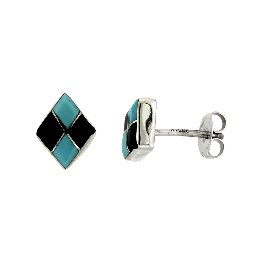 Sterling Silver Handcrafted Blue Turquoise Diamond-shaped Stud Earrings (Genuine Zuni Tribe American Indian Jewelry) 3/8 in. (10