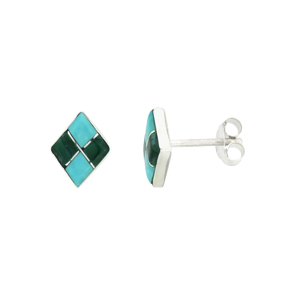 STERLING SILVER HANDCRAFTED BLUE TURQUOISE DIAMOND-SHAPED STUD EARRINGS (GENUINE ZUNI TRIBE AMERICAN INDIAN JEWELRY) 3/8 IN. (10 MM) TALL