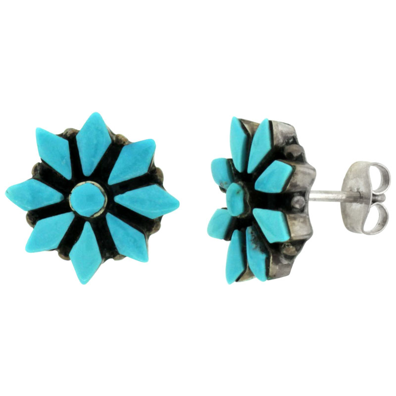 Sterling Silver Handcrafted Blue Turquoise Flower Stud Earrings (Genuine Zuni Tribe American Indian Jewelry) 1/2 in. (13 mm)