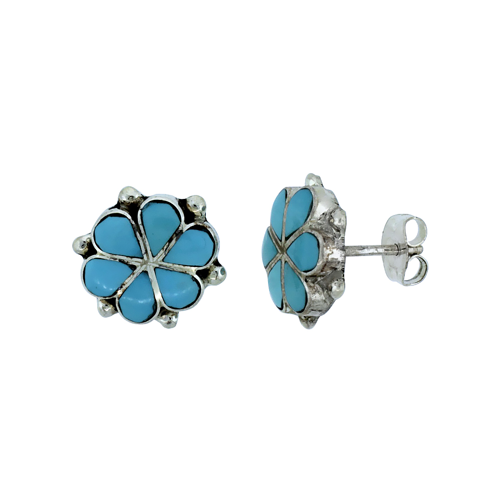 STERLING SILVER HANDCRAFTED BLUE TURQUOISE FLOWER STUD EARRINGS (GENUINE ZUNI TRIBE AMERICAN INDIAN JEWELRY) 7/16 IN. (11 MM)