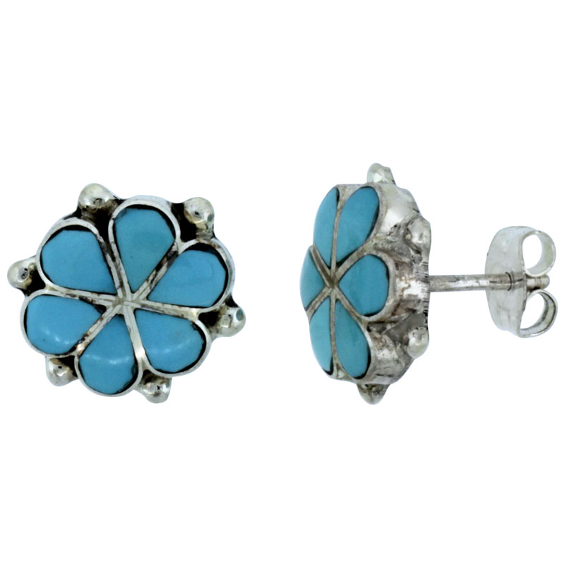 Sterling Silver Handcrafted Blue Turquoise Flower Stud Earrings (Genuine Zuni Tribe American Indian Jewelry) 7/16 in. (11 mm)
