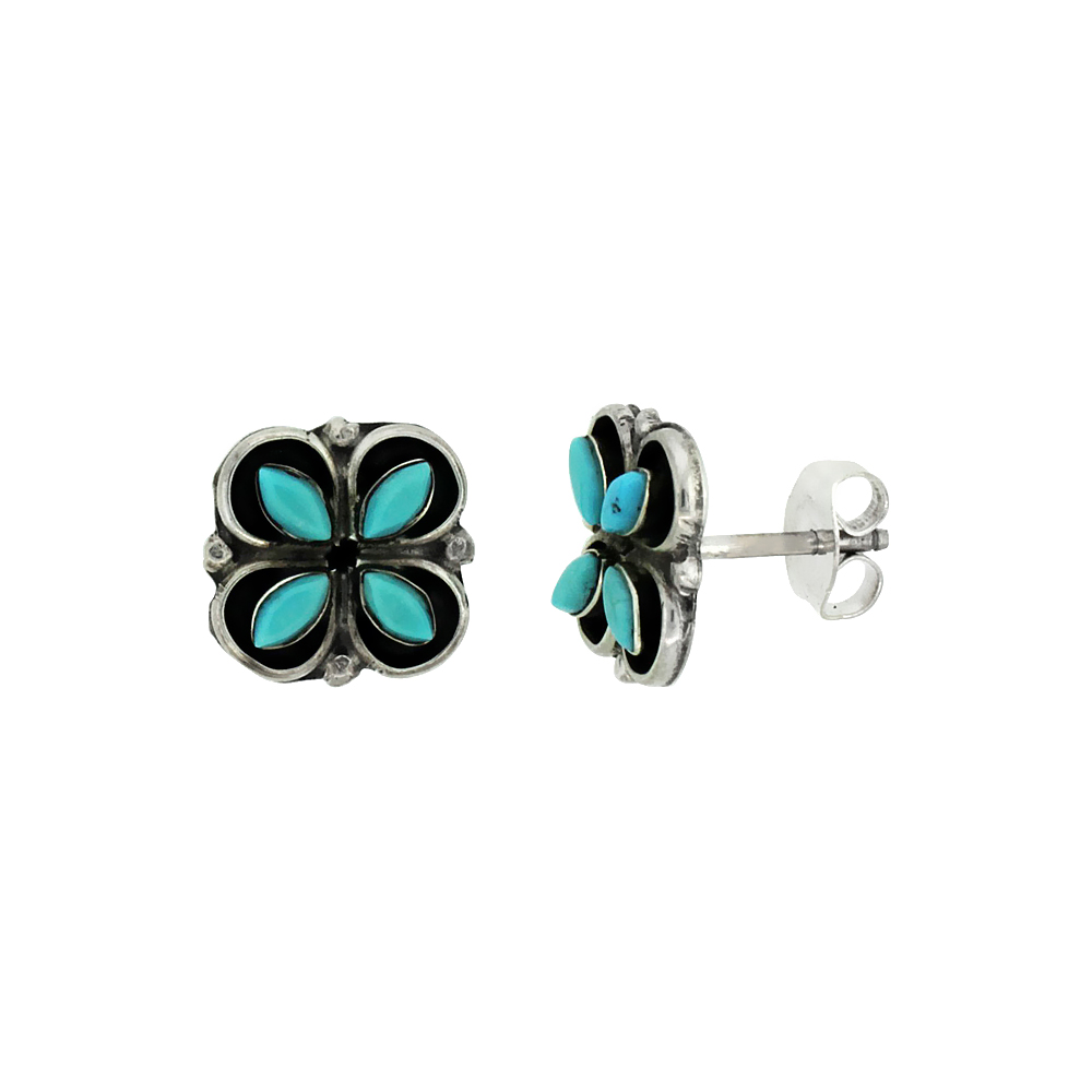 STERLING SILVER HANDCRAFTED BLUE TURQUOISE FLOWER STUD EARRINGS (GENUINE ZUNI TRIBE AMERICAN INDIAN JEWELRY) 3/8 IN. (10 MM)