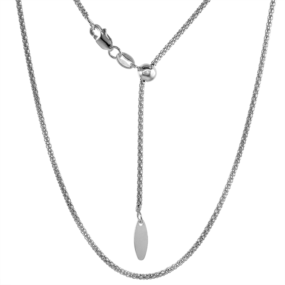 Thin Sterling Silver Adjustable Popcorn Chain Necklace for Women 1.5 mm Nickel Free 24 inch