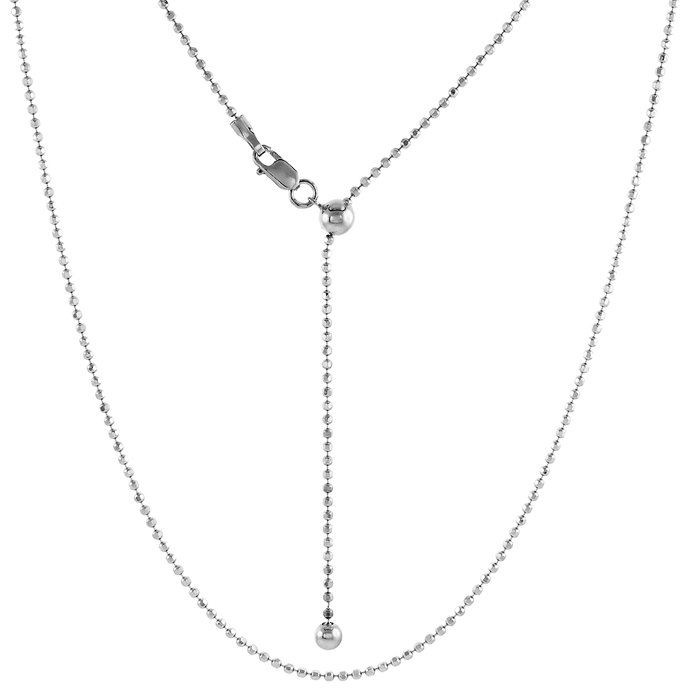 Sterling Silver Adjustable 1.5 mm Faceted Bead Chain Necklace Rhodium Finish Nickel Free, 24 inch