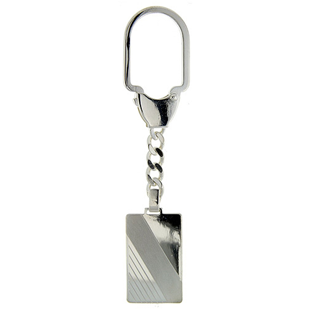 Sterling Silver Monogram Keychain Engraveable Rectangular Tag Key chain Diagonal Stripe Italy 3 1/2 inch