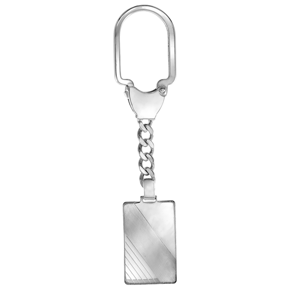STERLING SILVER MONOGRAM KEYCHAIN ENGRAVEABLE RECTANGULAR TAG KEY CHAIN DIAGONAL STRIPE ITALY 3 1/2 INCH