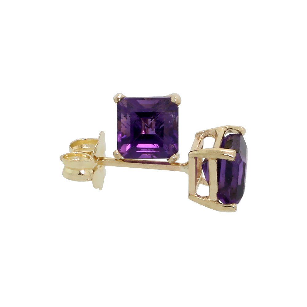 14K YELLOW GOLD 4 MM NATURAL AMETHYST SQUARE STUD EARRINGS 1/2 CTTW FEBRUARY BIRTHSTONE
