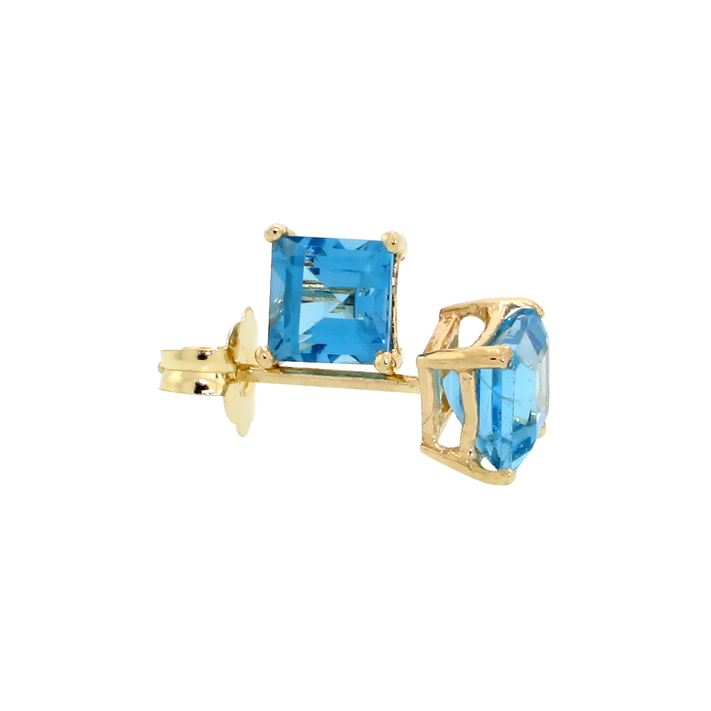 14K Yellow Gold 4 mm Natural Blue Topaz Square Stud Earrings 1/2 cttw December Birthstone