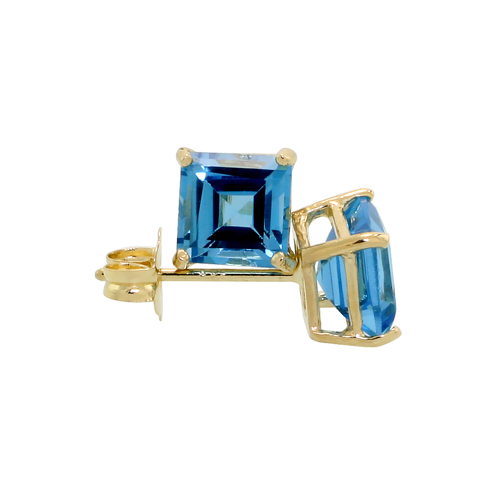 14K Yellow Gold 5 mm Natural Blue Topaz Square Stud Earrings 1 cttw December Birthstone