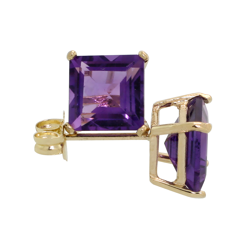 14K Yellow Gold 6 mm Natural Amethyst Square Stud Earrings 2 cttw February Birthstone