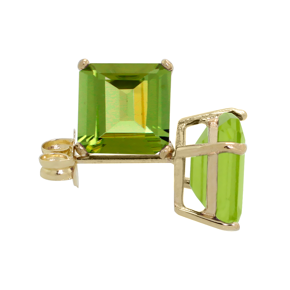 14K Yellow Gold 6 mm Natural Peridot Square Stud Earrings 2 cttw August Birthstone