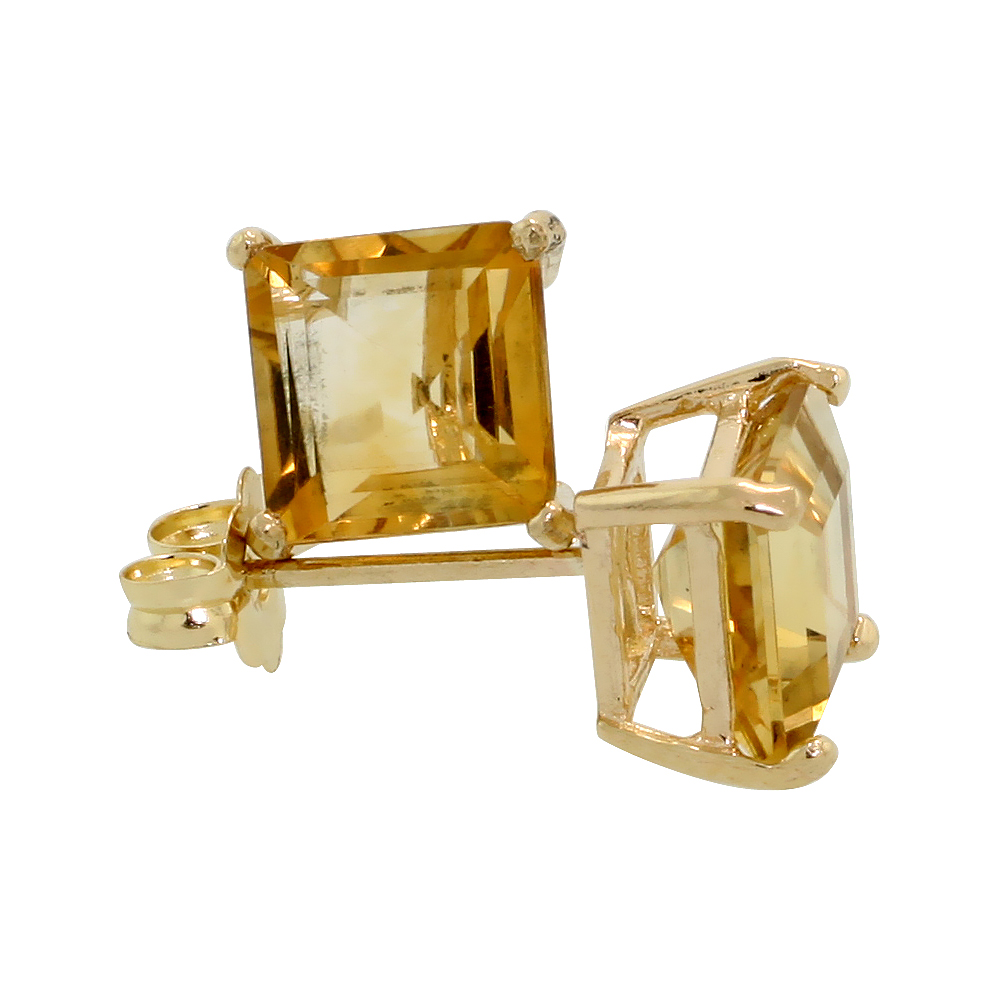 14K Yellow Gold 6 mm Natural Citrine Square Stud Earrings 2 cttw November Birthstone