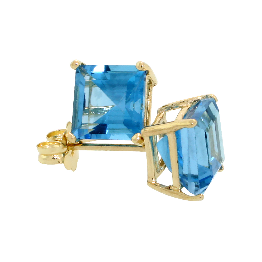 14K Yellow Gold 6 mm Natural Blue Topaz Square Stud Earrings 2 cttw December Birthstone