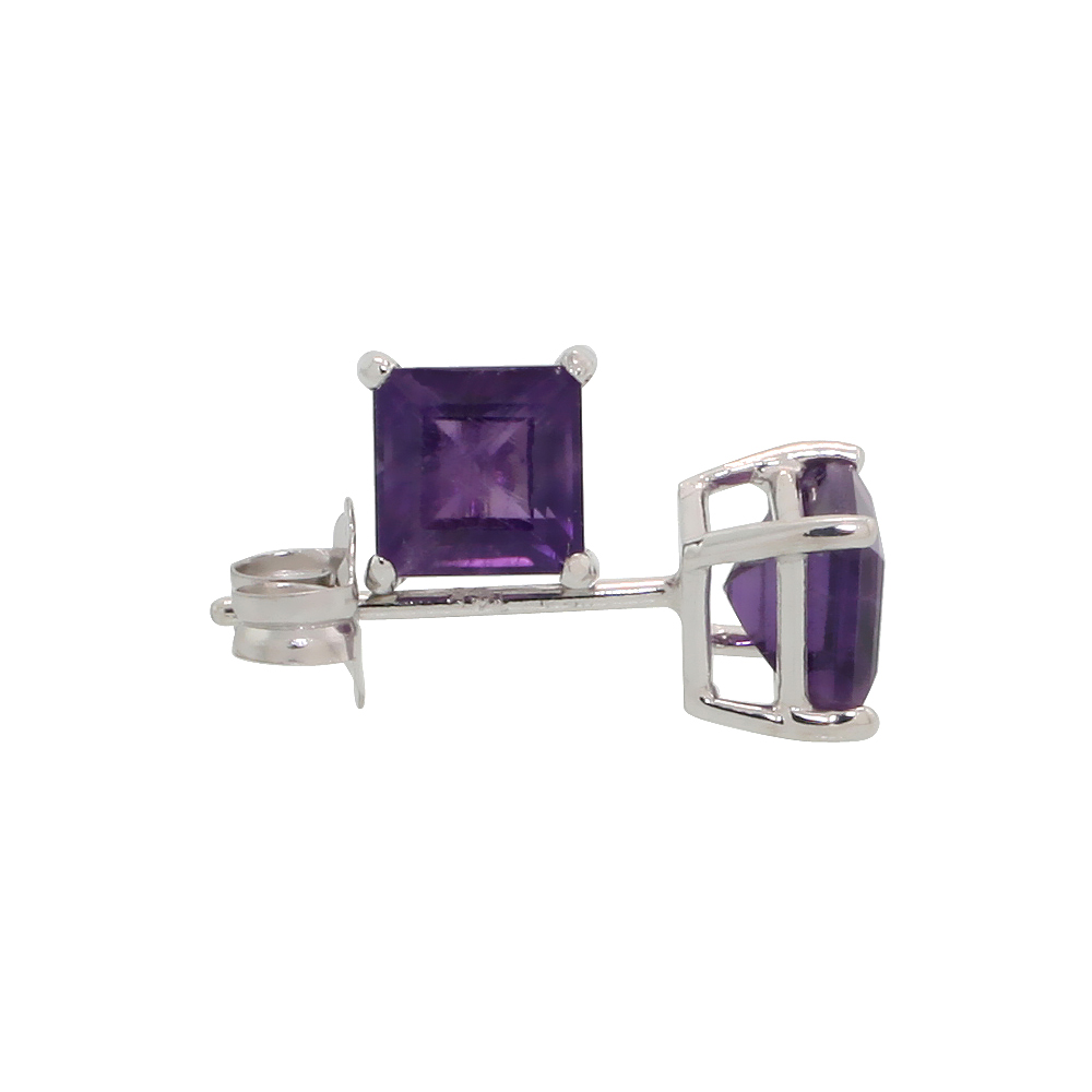14K WHITE GOLD 4 MM NATURAL AMETHYST SQUARE STUD EARRINGS 1/2 CTTW FEBRUARY BIRTHSTONE