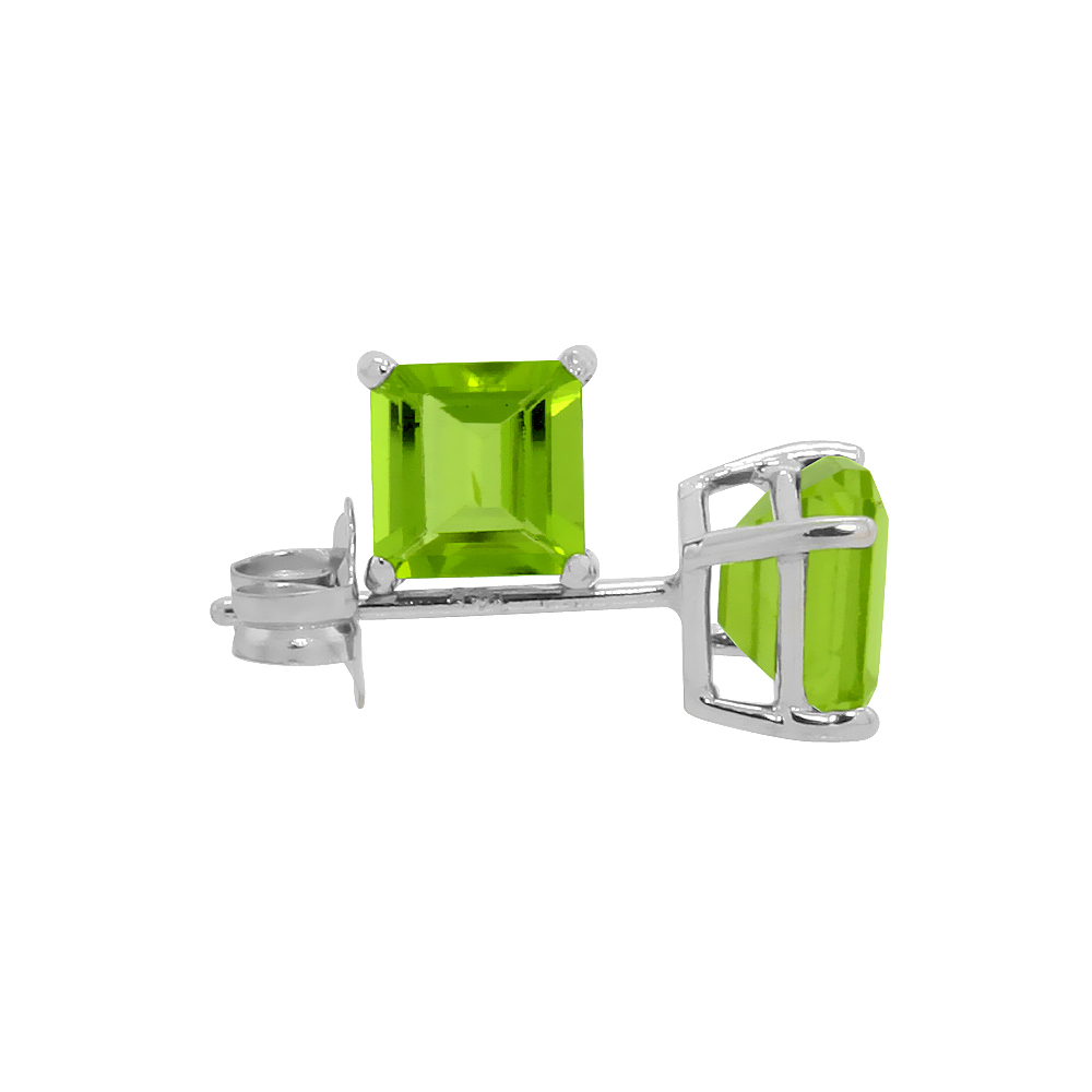 14K White Gold 4 mm Natural Peridot Square Stud Earrings 1/2 cttw August Birthstone