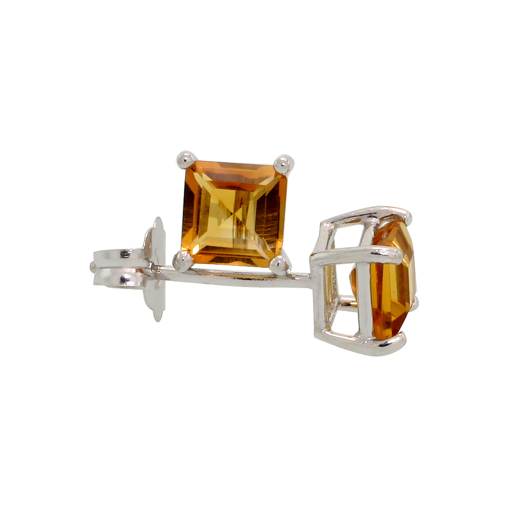 14K White Gold 4 mm Natural Citrine Square Stud Earrings 1/2 cttw November Birthstone