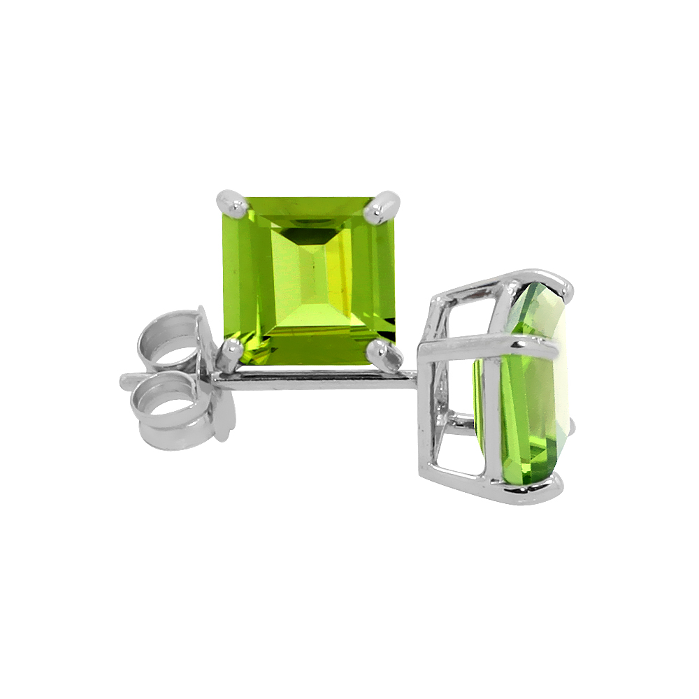 14K White Gold 5 mm Natural Peridot Square Stud Earrings 1 cttw August Birthstone