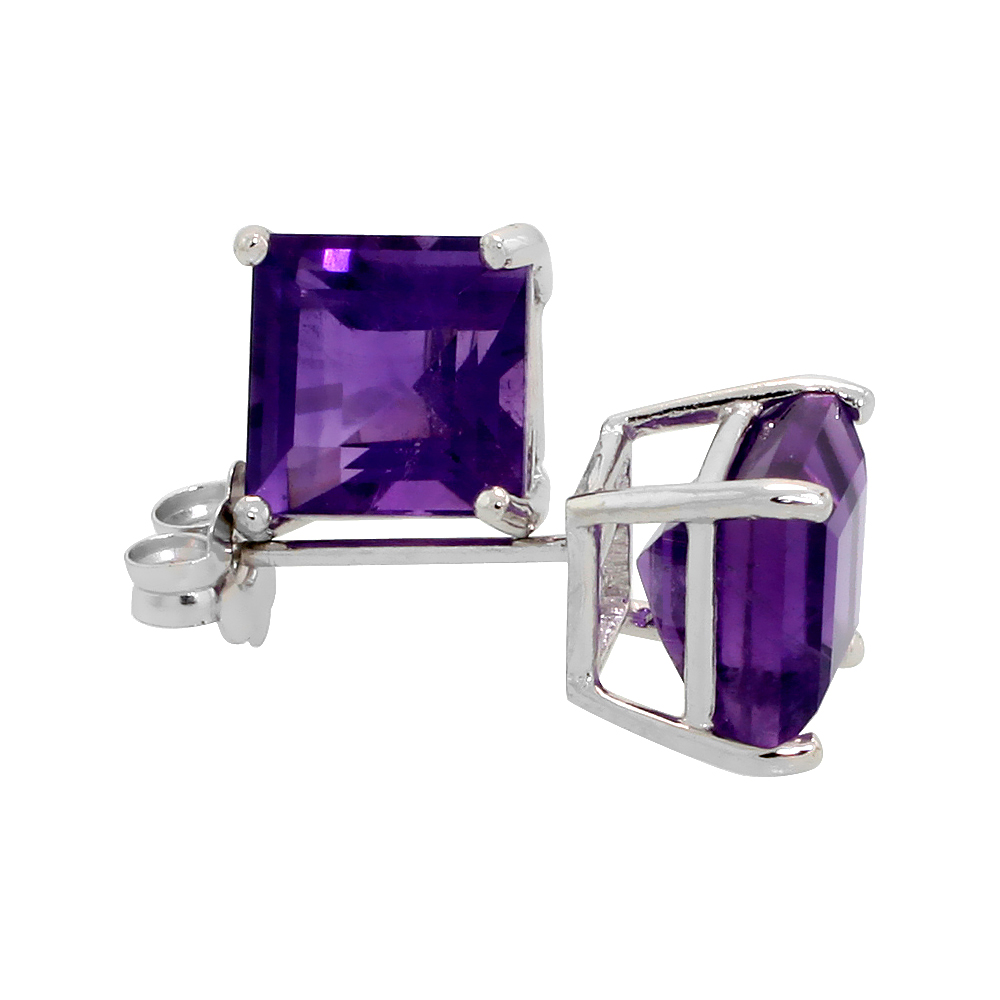 14K White Gold 6 mm Natural Amethyst Square Stud Earrings 2 cttw February Birthstone