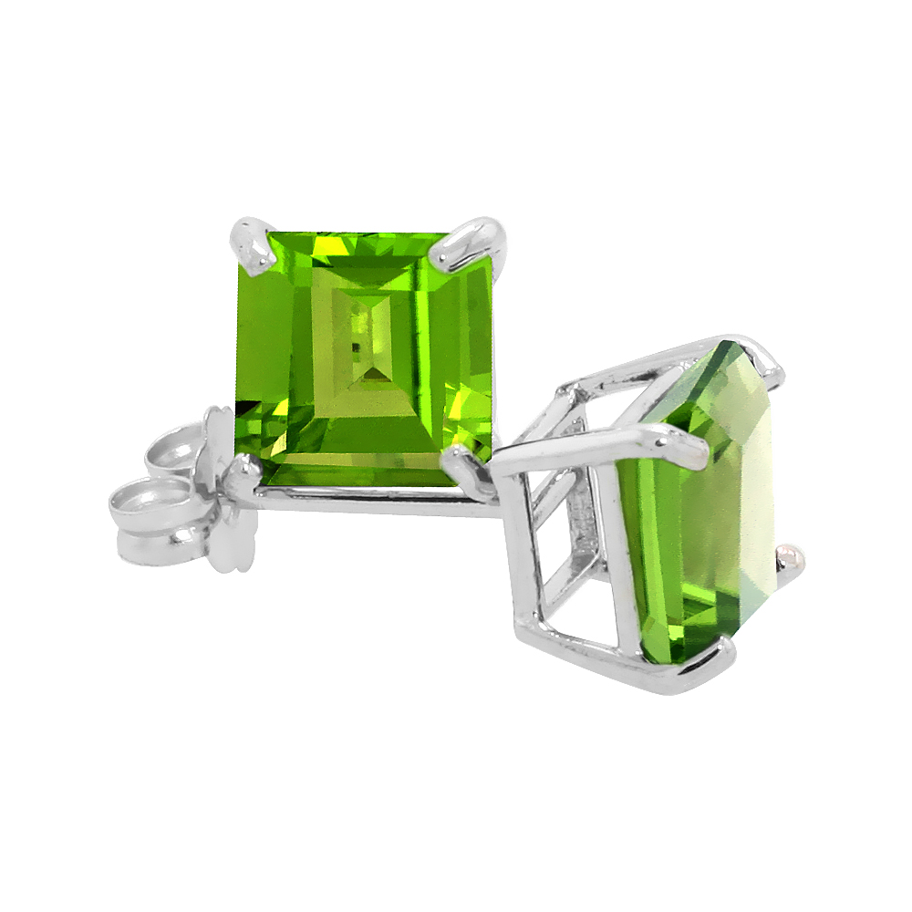 14K White Gold 6 mm Natural Peridot Square Stud Earrings 2 cttw August Birthstone