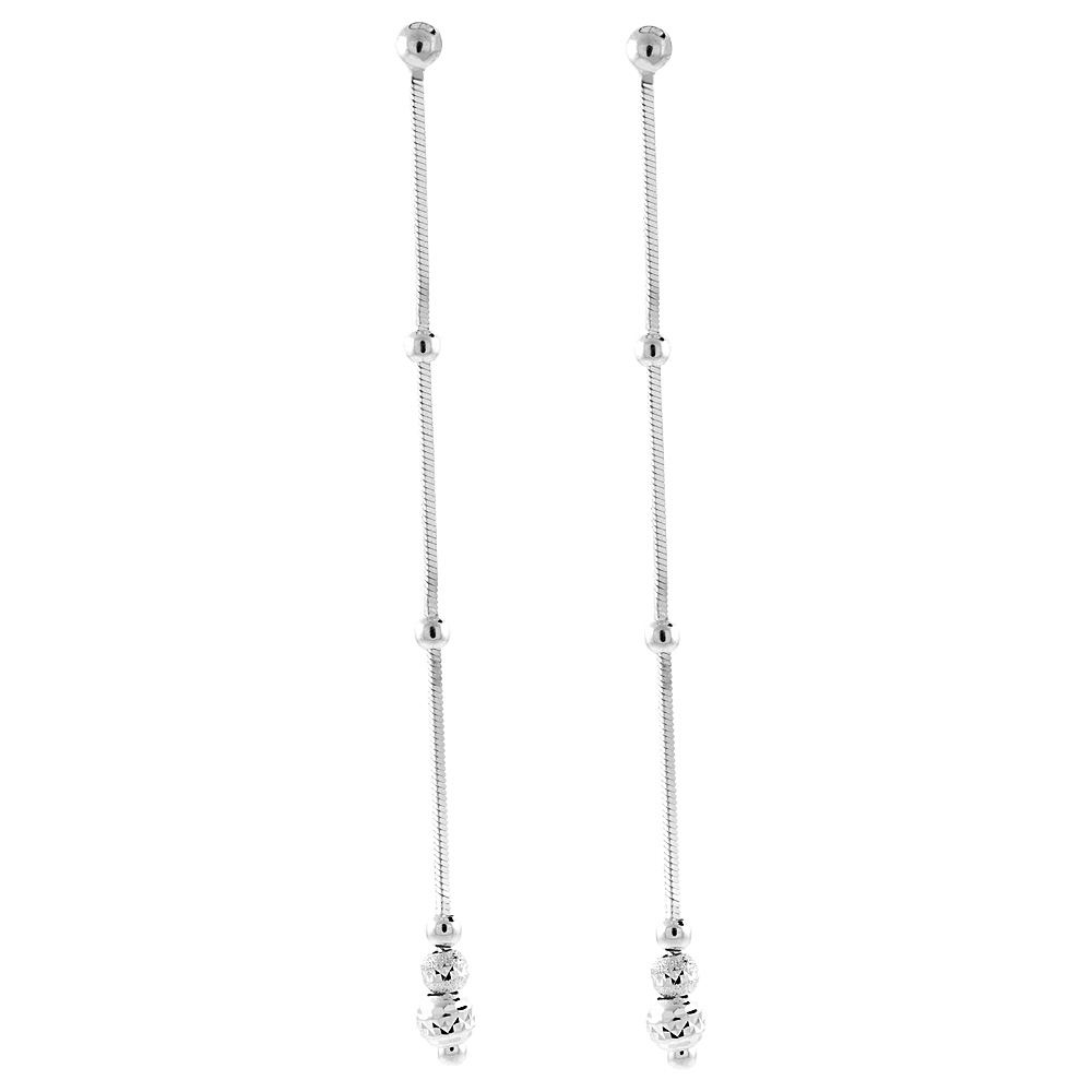Sterling Silver 3 1/4 inch long Dangle Drop Earrings Diamond cut and Plain Beads Italy