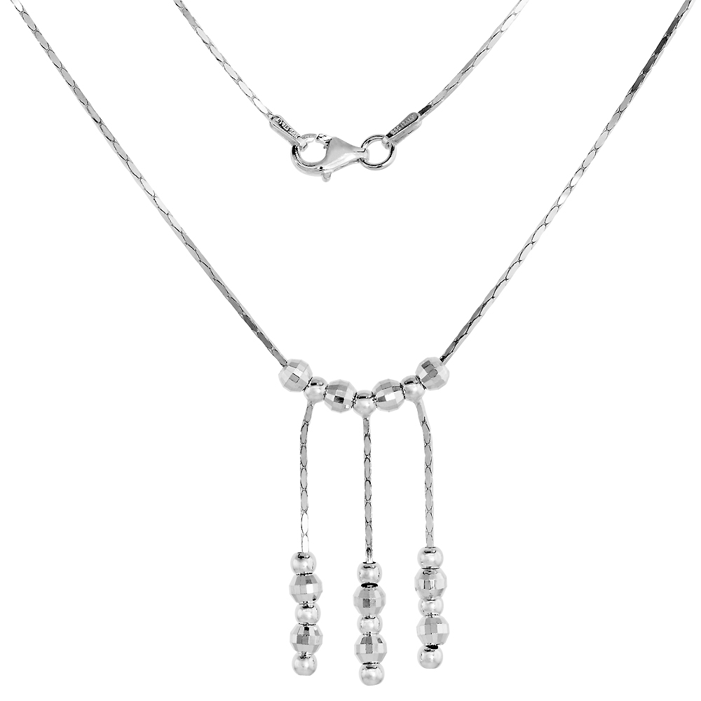 Sterling Silver Bead Drop Lariat Necklace for Women 3 Droplets Disco Bead Spacers 17 inch Italy