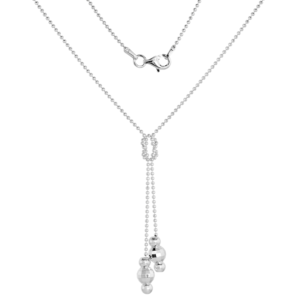 Sterling Silver Friendship Knot Y Necklace for Women 2 Faceted Bead Drops Ball Chain 17 inch Italy