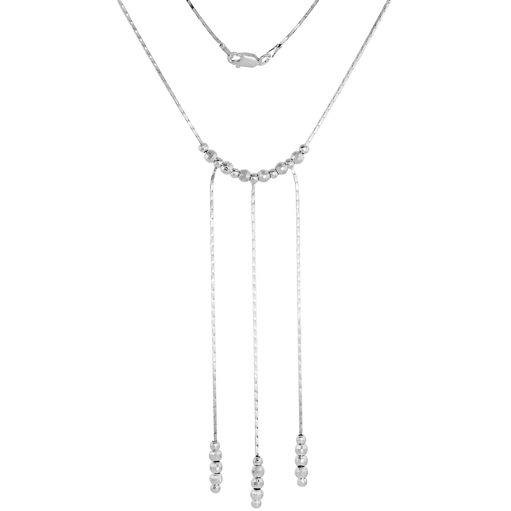 Sterling Silver Bead Drop Lariat Necklace for Women 3 Long Droplets Bead Spacers 16.5 inch Italy