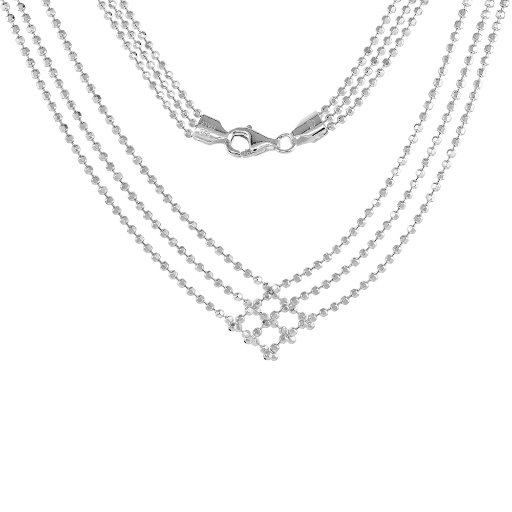 Sterling Silver Chevron V Necklace for Women 3 Row Diamond cut Ball Chain 17 inch Italy