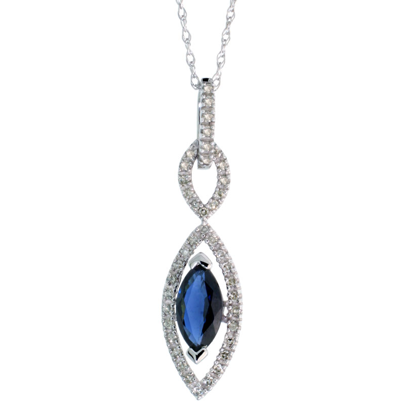10k White Gold Genuine Blue Sapphire Art Deco Evil Eye Necklace Marquise 8x4 MicroPave Diamond Halo 1 1/8 (28mm) inch