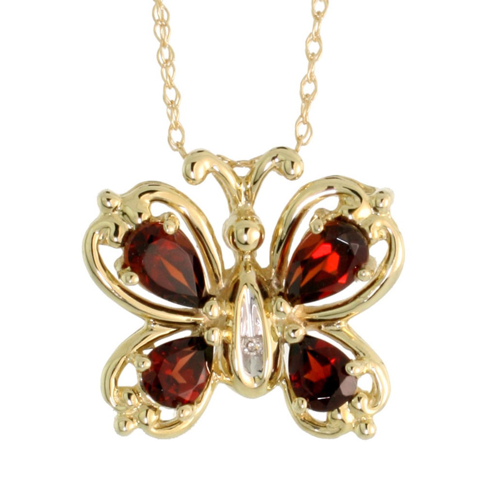 10k Yellow Gold Garnet Butterfly Necklace Diamond accent 5/8 inch (15 mm) wide