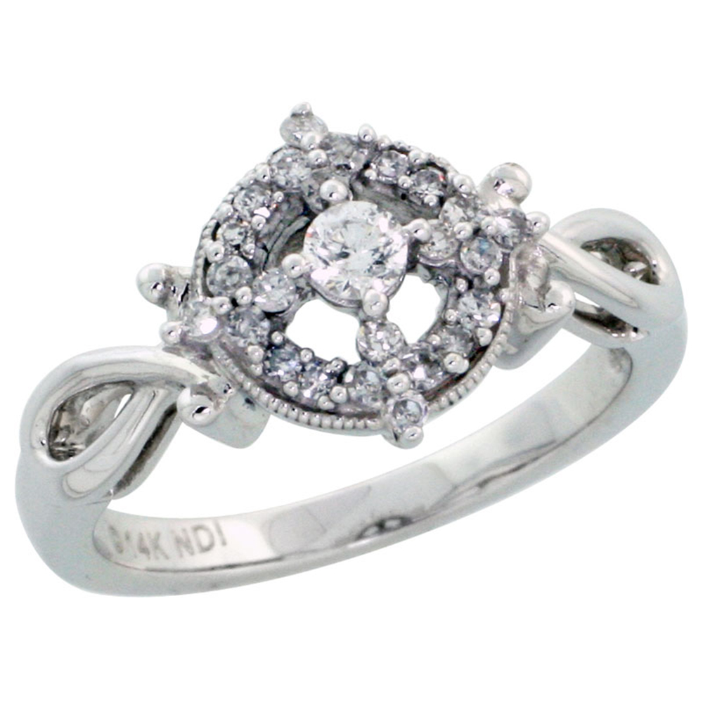 14k White Gold Diamond Cross Halo Engagement Ring Swirl 7/16 inch wide, size 6 - 8.5