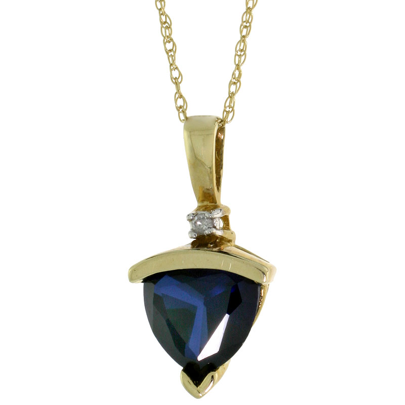 10k Yellow Gold Trillion Cut Created Blue Sapphire Necklace Diamond Accent 15mm tall 18 inch Thin Rope Chain