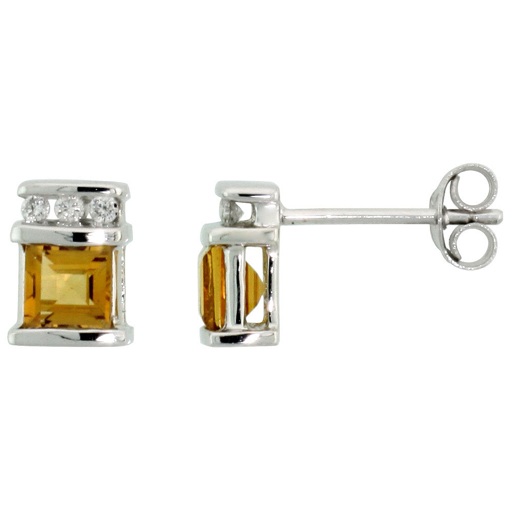 14K WHITE GOLD DIAMOND NATURAL CITRINE STUD EARRINGS PRINCESS CUT NOVEMBER BIRTHSTONE, 9/32 INCH WIDE
