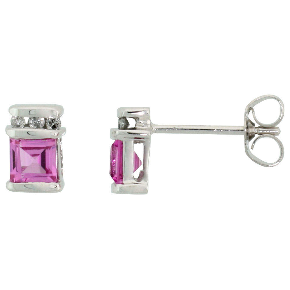 10K WHITE GOLD DIAMOND CREATED PINK SAPPHIRE STUD EARRINGS PRINCESS CUT OCTOBER BIRTHSTONE, 9/32 INCH WIDE