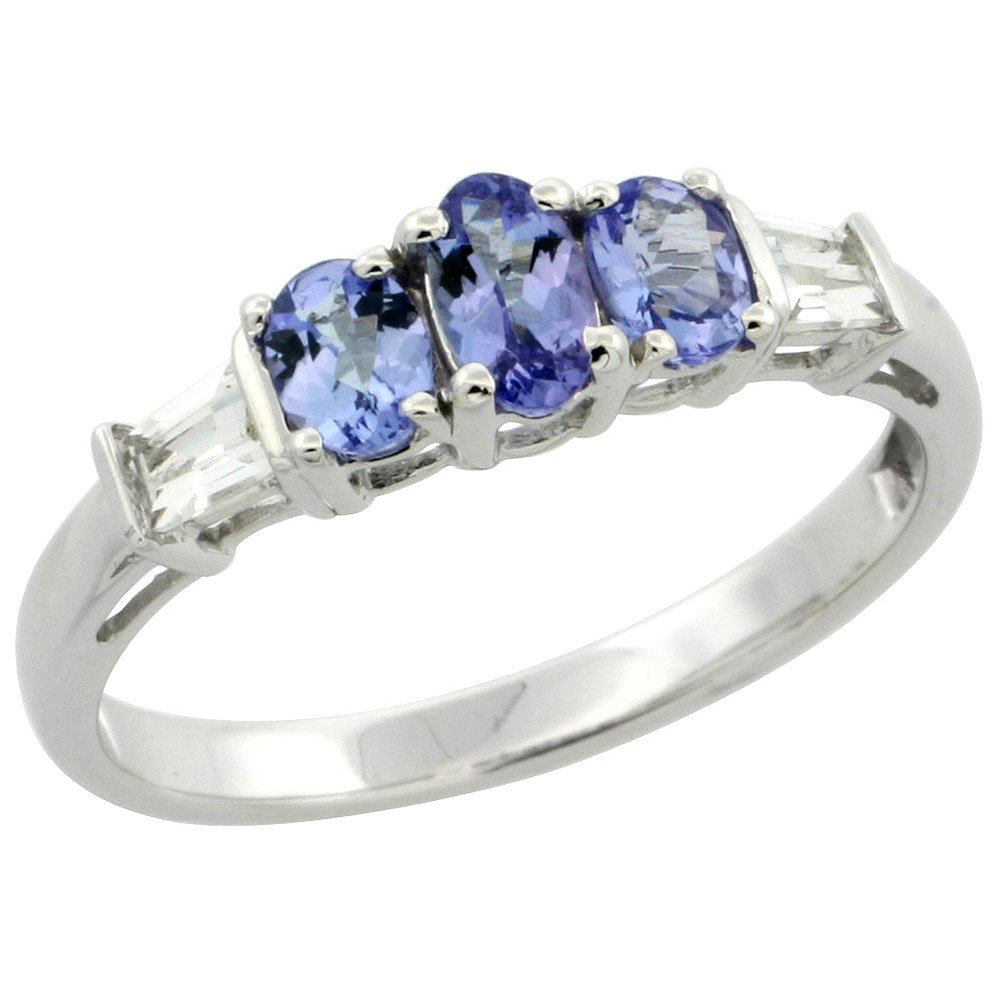 10k White Gold Natural Tanzanite 3-stone Ring Oval 5x3mm & 4x3mm White Sapphire Baguette Accent, size 5-9