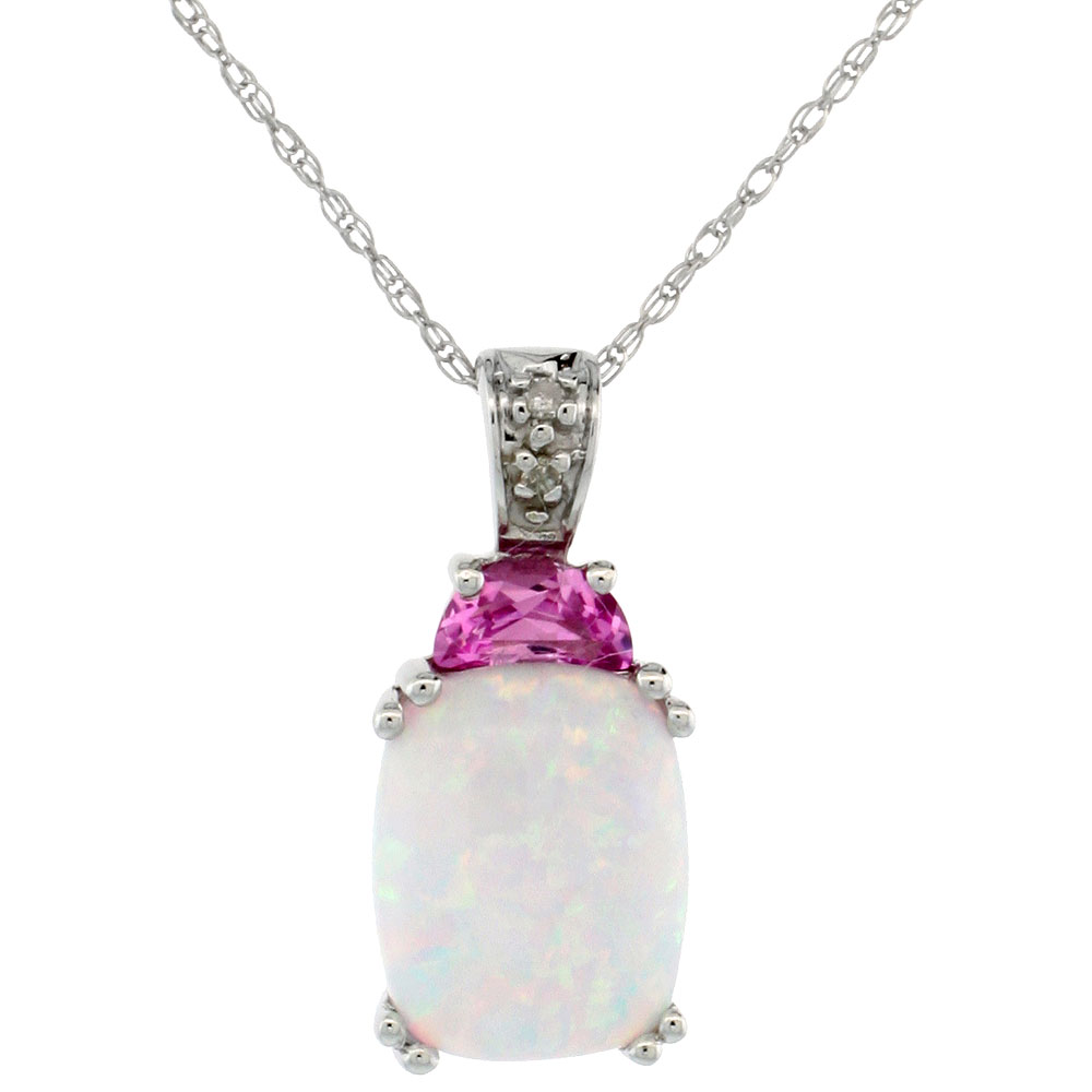 10k White Gold Synthetic Opal Necklace with Pink CZ and Diamond Accent 3/8 inch