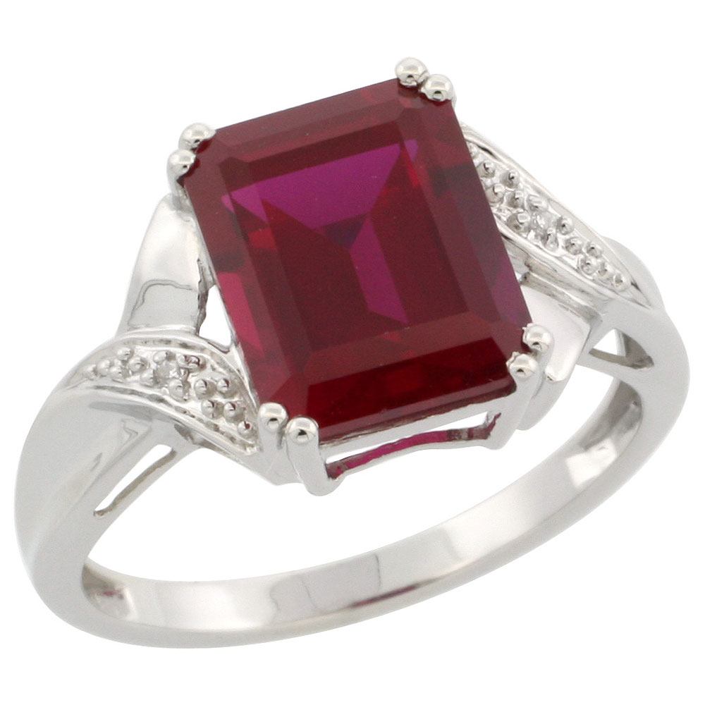 10k White Gold Diamond Created Ruby Engagement Ring Emerald-cut 10x8mm 7/16 inch wide, size 5-9