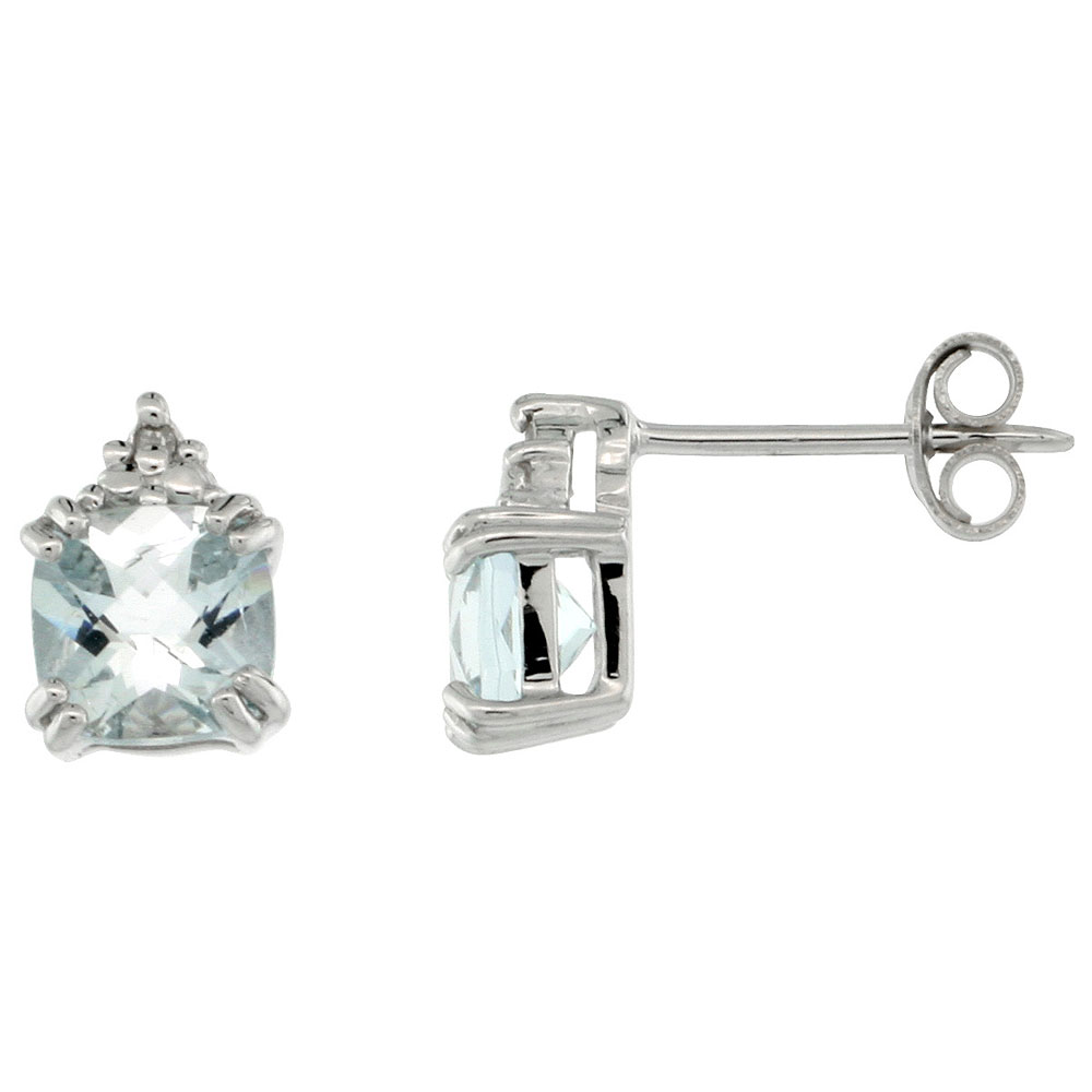 10K WHITE GOLD DIAMOND NATURAL AQUAMARINE STUD EARRINGS 5X5 MM CUSHION CUT