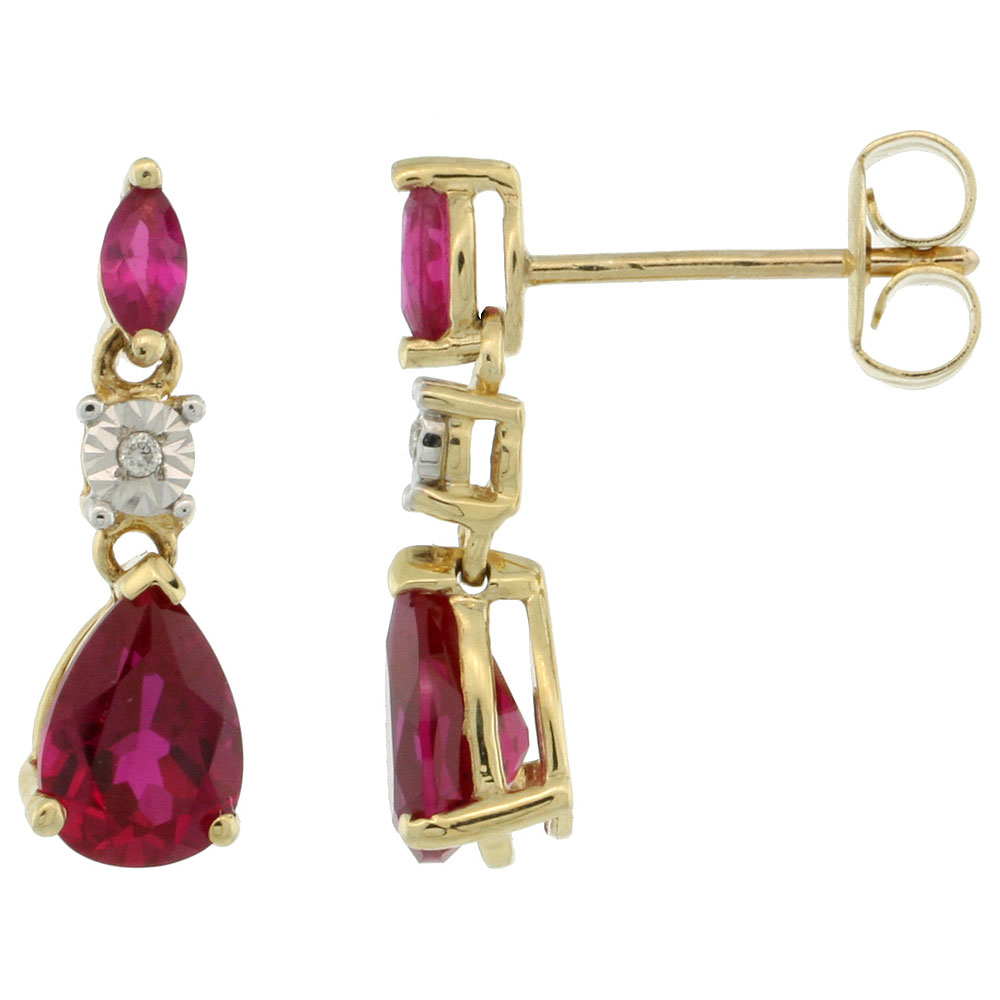 10k Gold Stone Dangle Earrings w/ Illusion Set Brilliant Cut Diamonds, Marquise & Pear Cut (7x5mm) Lab Created Ruby Stones, 5/8 
