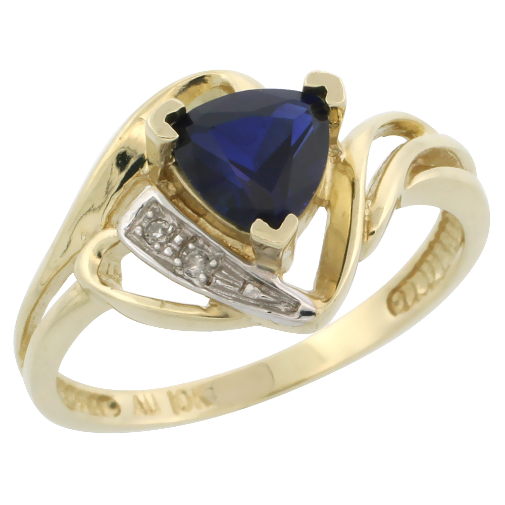 10k Gold Diamond Created Blue Sapphire Ring Trillium Cut 6mm September Birthstone 1/2 inch wide, sizes 4 - 9