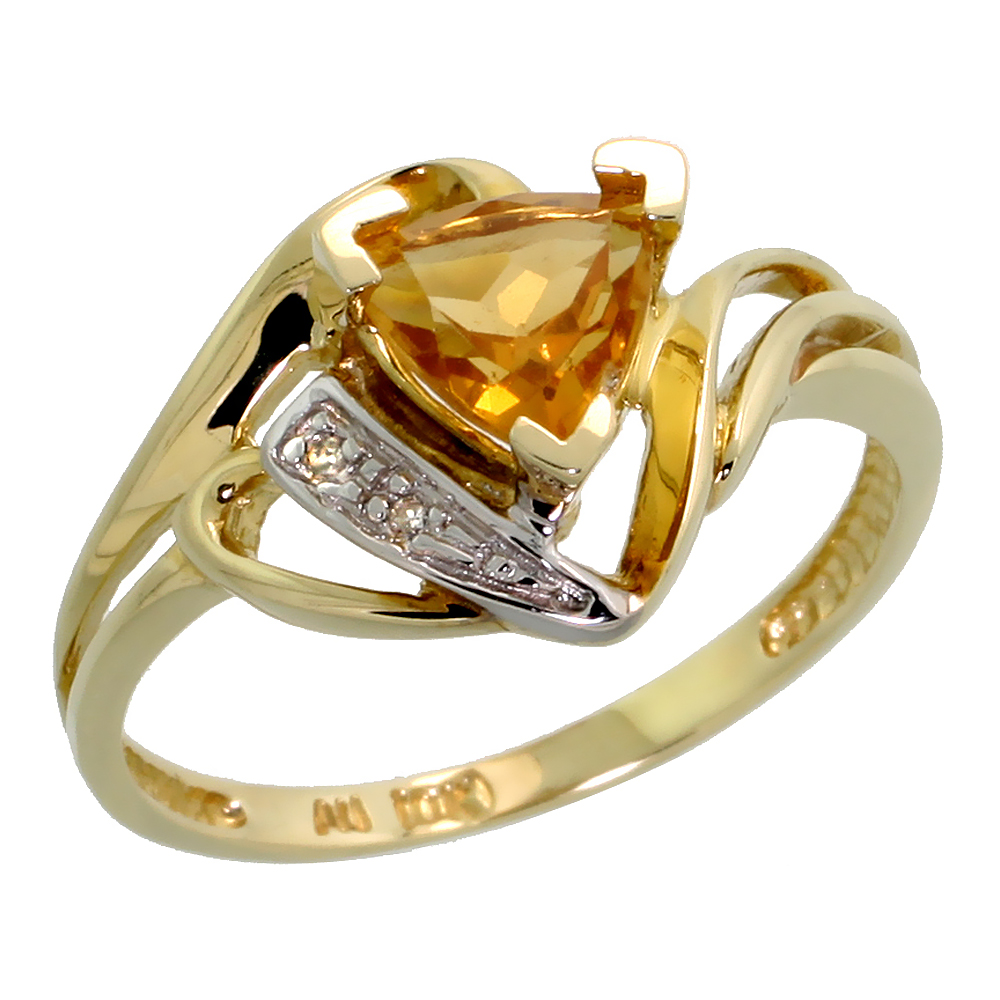 10k Gold Diamond Natural Citrine Ring Trillium Cut 6mm November Birthstone 1/2 inch wide, sizes 4 - 9