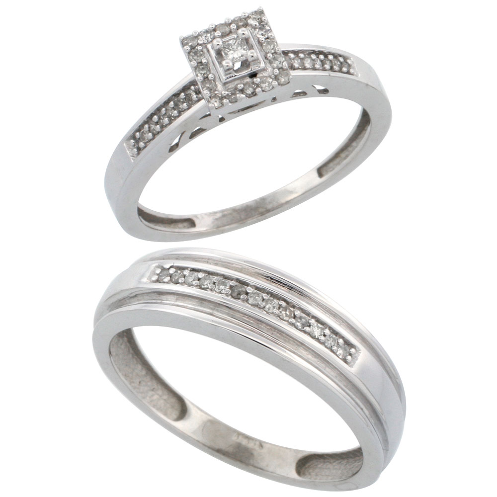 14k White Gold 2-Piece Diamond Ring Set ( Engagement Ring &amp; Man&#039;s Wedding Band ), w/ 0.25 Carat Brilliant Cut Diamonds, ( 2. 5mm; 6mm ) wide