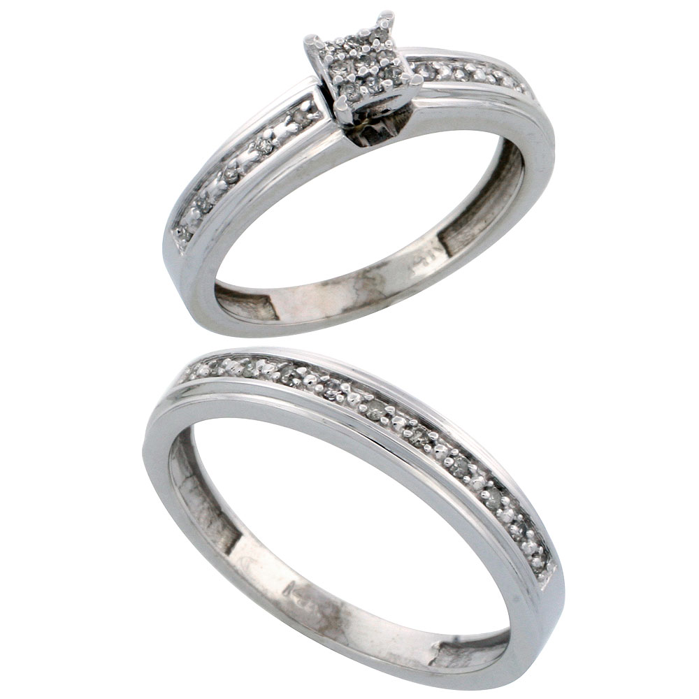 14k White Gold 2-Piece Diamond Ring Set ( Engagement Ring &amp; Man&#039;s Wedding Band ), w/ 0.21 Carat Brilliant Cut Diamonds, ( 4mm; 4mm ) wide
