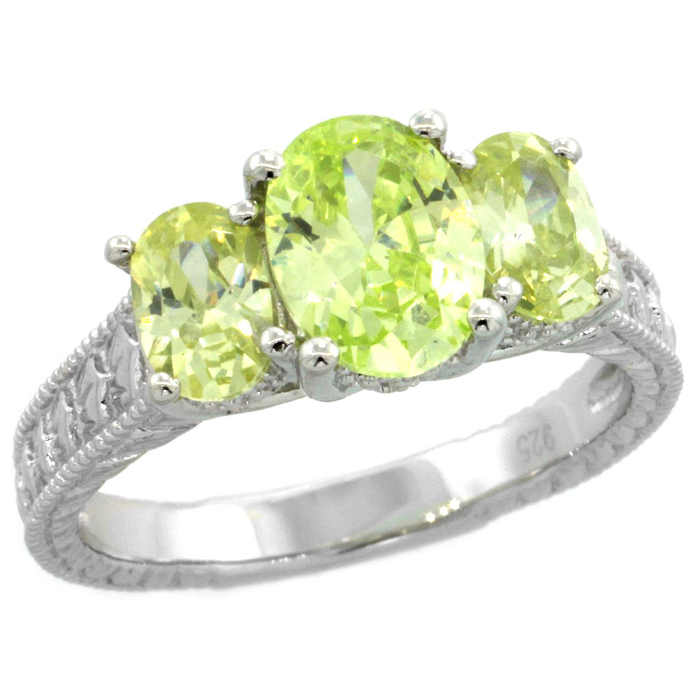 Sterling Silver Peridot Cubic Zirconia Engagement Ring 3-Stone Oval 2 ct cntr 1/2 ct Sides, sizes 6-9