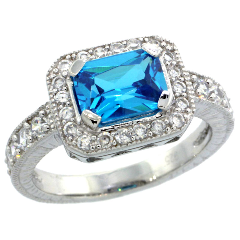 Sterling Silver Blue Topaz Cubic Zirconia Engagement Ring Emerald Cut 1 ï¿½ ct cntr, sizes 6-9