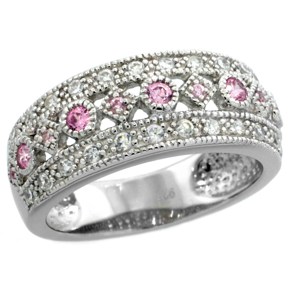 Sterling Silver Vintage Style Cubic Zirconia Ring Pink Center Row 5/16 inch wide, sizes 6-9